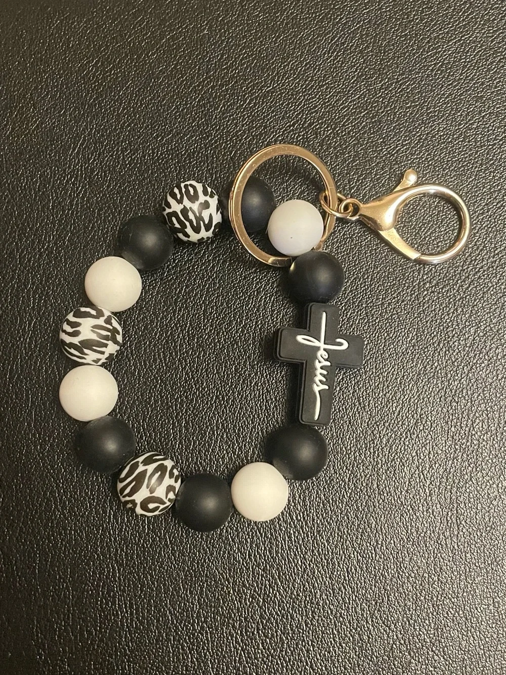 Black & White Beaded Cross Keychain Wristlet